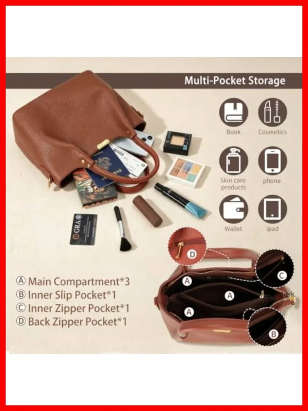 Vegan Leather Satchel Handbag for Women with Detachable Crossbody Strap